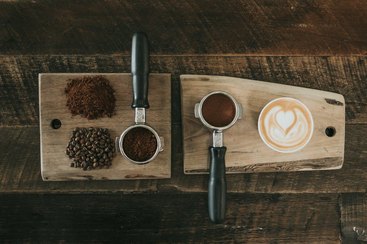 Espresso prep flatlay with portafilter and ground coffee