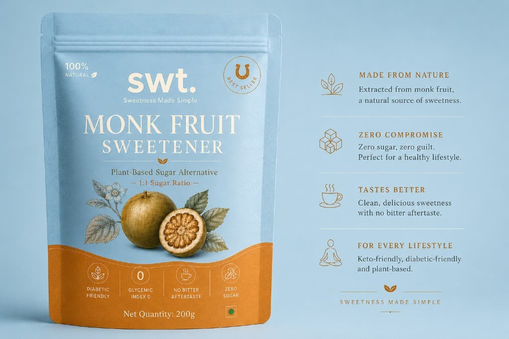 swt. monk fruit sweetener pouch — 200g, 1:1 sugar ratio, plant-based.